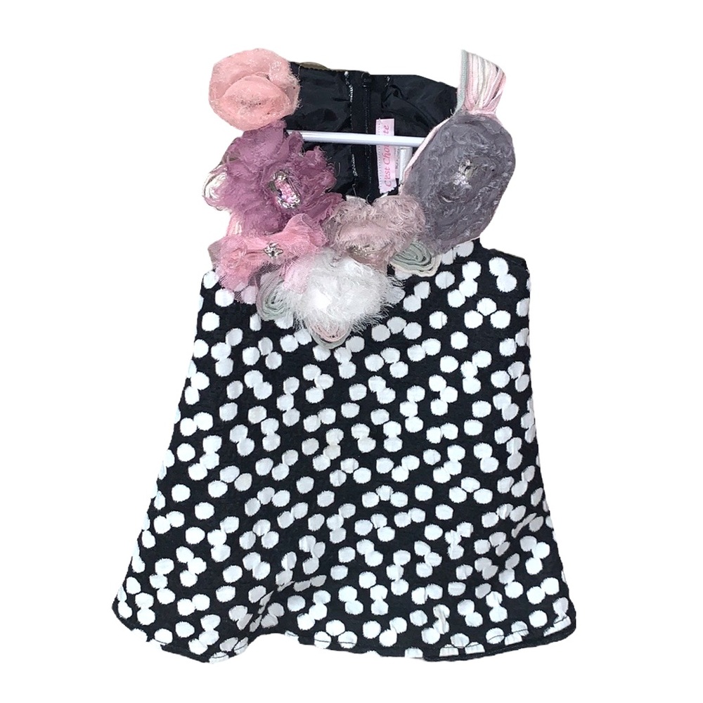 C’est Chouette black and white polka dot dress with floral embellishments